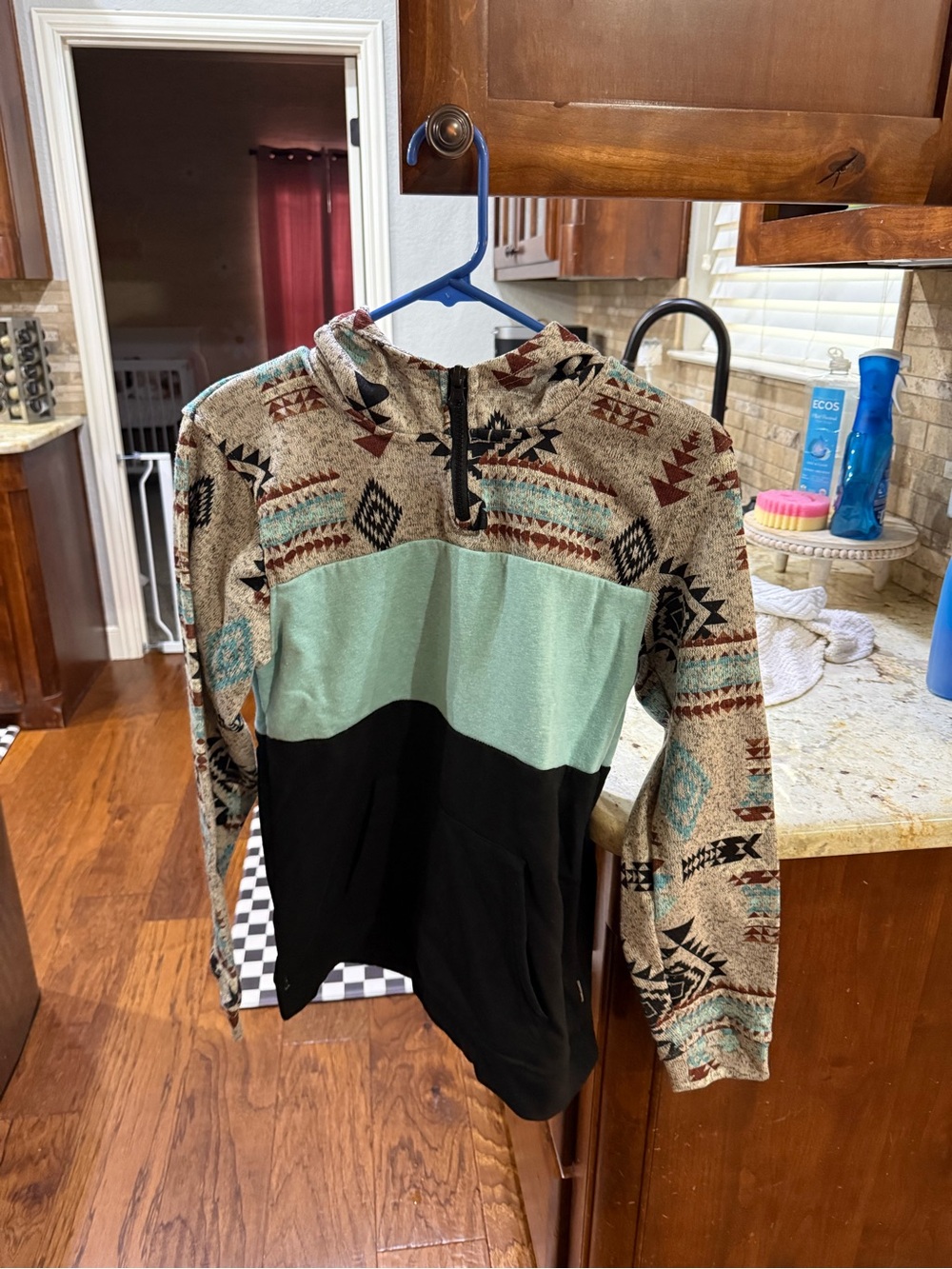 Kids Aztec Print Zip-Up Hoodie Jacket in Mint and Black
